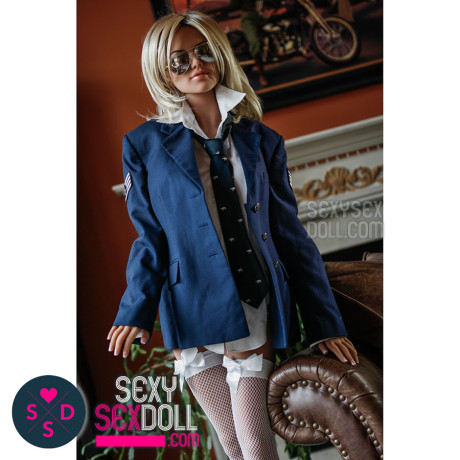 Blondie schoolgirl sex doll shows off her hourglass figure and her large tits