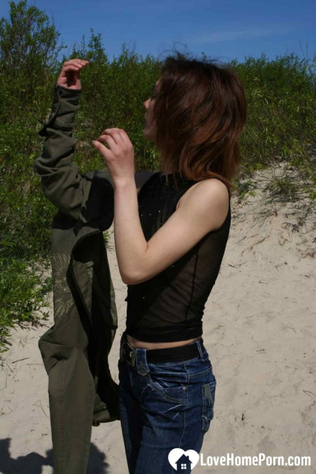 Saucy amateur babe strips & shows her tits while hiking in nature