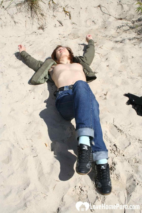 Saucy amateur babe strips & shows her tits while hiking in nature