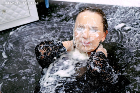 Nasty blonde getting body bathed in sperm in messy gloryhole blow and fuck