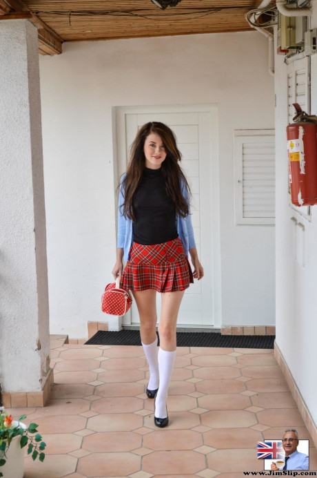 Schoolgirl smokes a cigarette prior to showing an older fiance bf dude her tight snatch