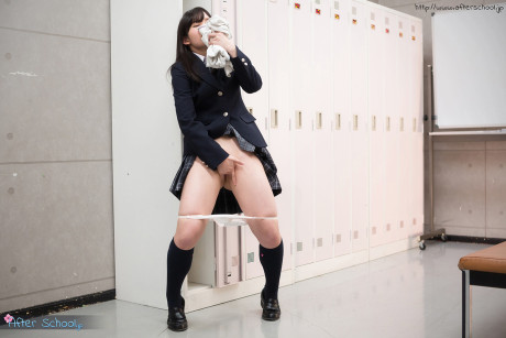 Japanese schoolgirl licks dong after masturbating with panties pulled down