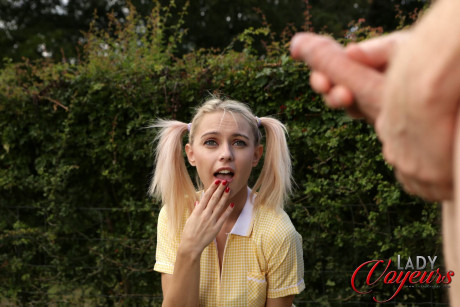 Sweet blondie Chloe Toy exposes her panties while a husband boyfriend guy jerks off