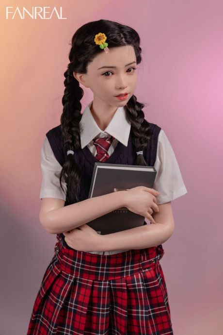 College chick gf girl sex doll exposes her panty clad twat in her student uniform