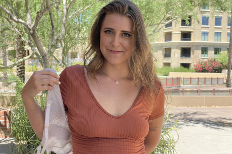 Glamorous brunette babe Sage flashing her panties and bra in public