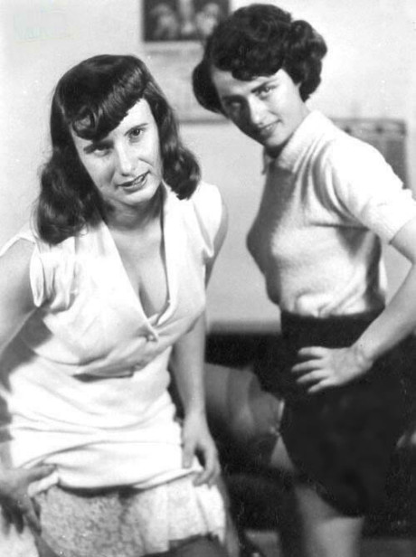 Lesbian women from the past get nude in pantyhose and garters