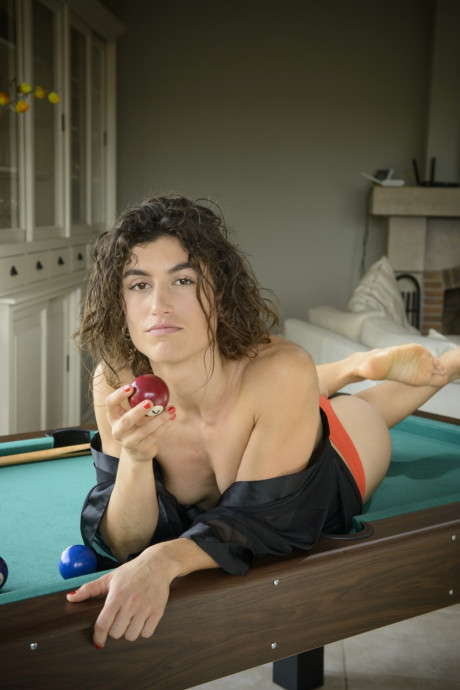 Spanish hotties Amber Nevada & Julia Roca pose topless on the pool table