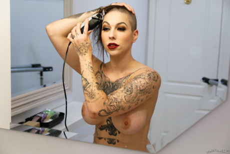 Tattooed whore chick Harlow Harrison shaves her head before sex with 2 guys