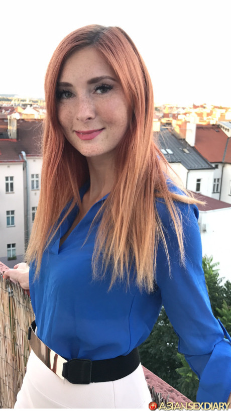 Charming ginger head Kattie Gold spreads her tight pussy while stripping for POV sex