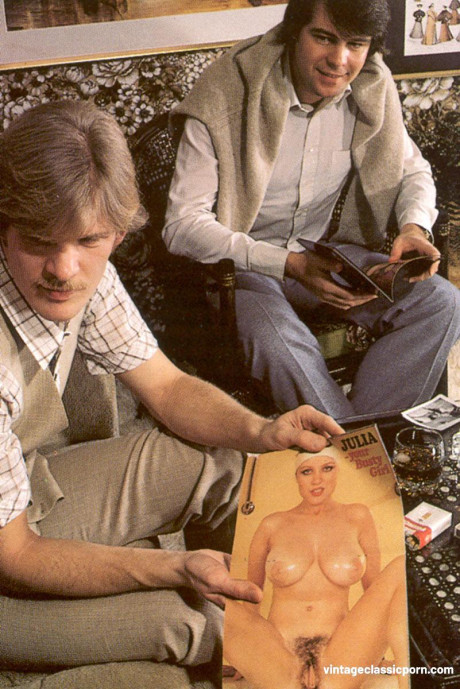 Vintage hoes with enormous natural boobs undress and play with two stiff boners