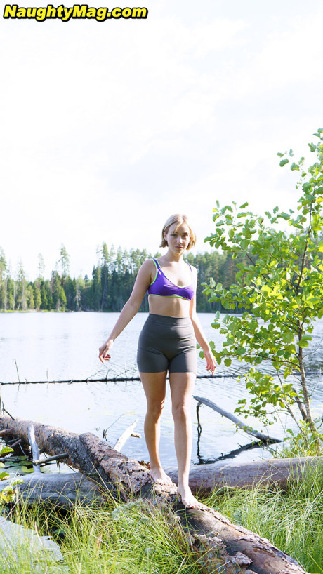 Blonde lady girl lady with small breasts Helen frees her juicy booty from a thong