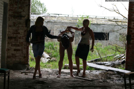Russian women torture a nude husband boyfriend stud in a secluded location