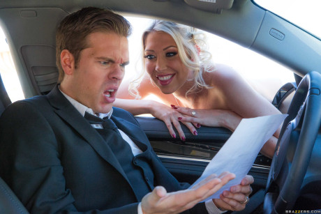 Blondy bride with massive titties Lexi Lowe licks thick penis and gets ass drilled