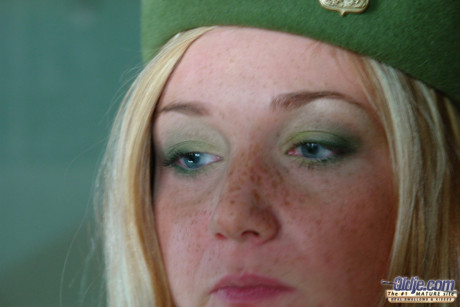 Blondy military woman Angela Crown gets her vagina filled by a prisoner